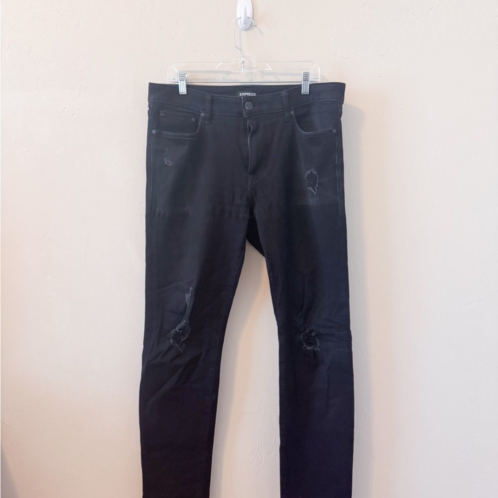 Express Men's Black Distressed Slim Jeans, 4-Way Hyper Stretch